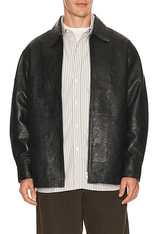 Sunflower Crinkle Leather Shirt Jacket in Black