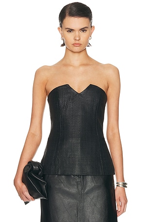 St. Agni Woven Leather Strapless Bodice Top in Black