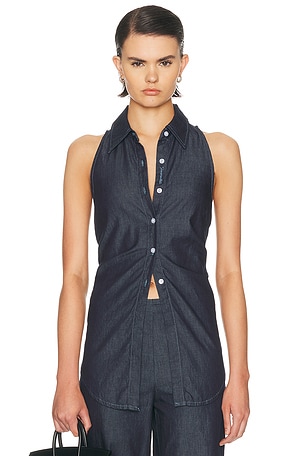 SIMONMILLER Loch Sleeveless Chambray Button Up Top in Navy