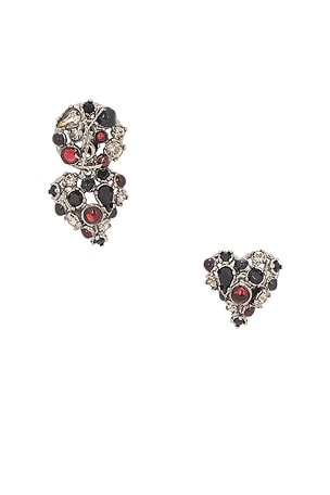 Saint Laurent YSL Asymmetric Fetiche Earrings in in Red,Metallic Silver