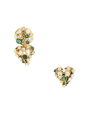 Saint Laurent YSL Asymmetric Fetiche Earrings in Green,Metallic Gold