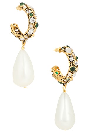 Saint Laurent YSL Hoop & Drop Fetiche Earrings in Green,Metallic Gold