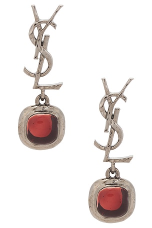 Saint Laurent YSL Mini Cabochon Earrings in Red,Metallic Silver