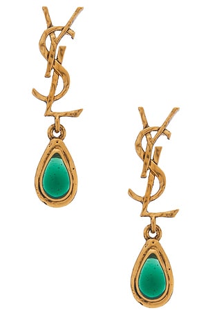 Saint Laurent YSL Mini Drop Earrings in Green,Metallic Gold