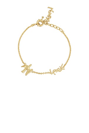 Saint Laurent Thin YSL & Dove Bracelet in Metallic Gold