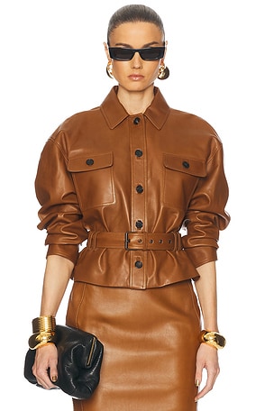 Saint Laurent Belted Leather Jacket in Brown