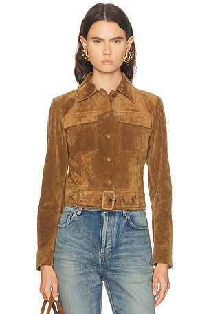 Saint Laurent Belted Suede Jacket in Brown