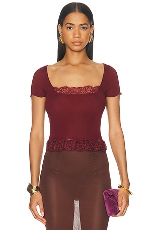 Saint Laurent Ribbed Lacy Top in Burgundy