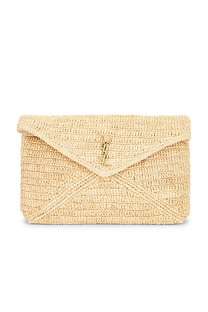 Saint Laurent Cassandre Large Envelope Pouch in Tan
