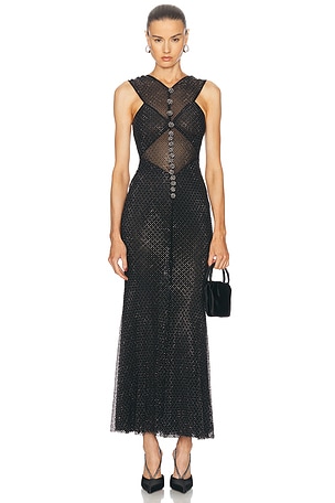 self-portrait Rhinestone Fishnet Crossover Midi Dress in Black
