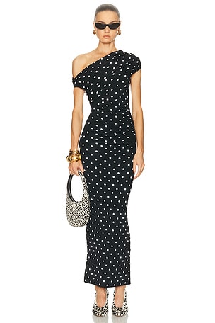 self-portrait Polka Dot Draped Midi Dress in Black