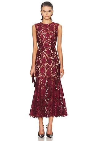 self-portrait Guipure Lace Midi Dress in Burgundy