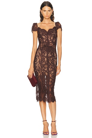 self-portrait Floral Lace Midi Dress in Brown