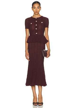 self-portrait Pointelle Peplum Knit Midi Dress in Burgundy