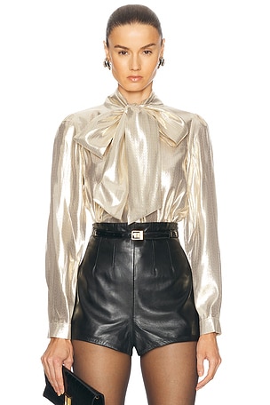 self-portrait Pussy Bow Blouse in Metallic Gold