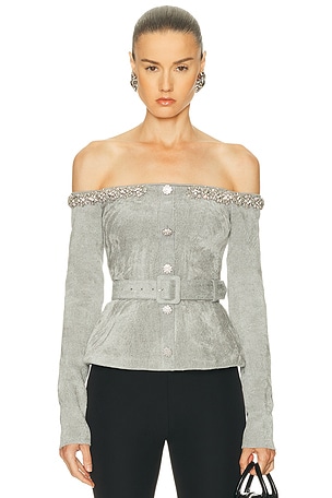 self-portrait Chenille Knit Crystal Trim Top in Grey