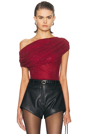 self-portrait Rhinestone Drape Top in Burgundy