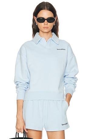 Sporty & Rich Serif Logo Embroidered Polo Sweatshirt in Baby Blue