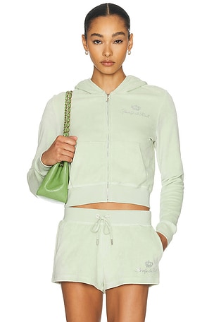 Sporty & Rich x Juicy Couture Script Velour Zip Hoodie in Sage