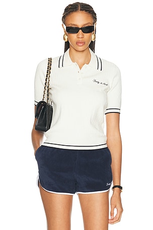 Sporty & Rich Signature Logo Mini Cable Polo Top in Cream