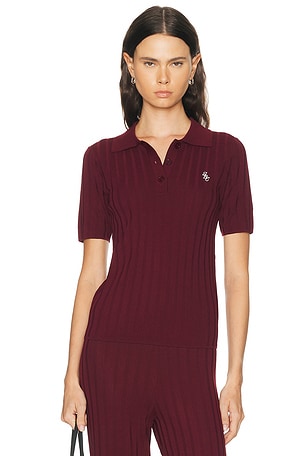 Sporty & Rich Signature Logo Ribbed Polo Top in Burgundy
