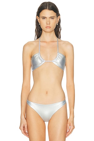 Staud Paradise Bikini Top in Metallic Silver