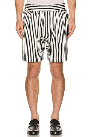 TOM FORD Fluid Silk Baton Stripe Pleated Piping Lounge Shorts in Black