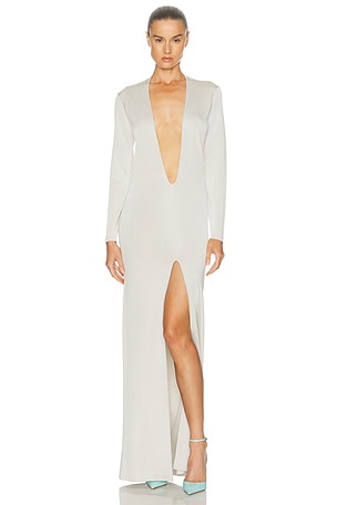TOM FORD Plunge Neck Evening Dress in Metallic Silver