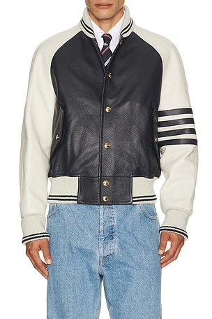 Thom Browne Oversized Raglan Sleeve Leather Jacket in Navy