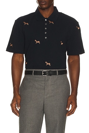 Thom Browne Short Sleeve Pique Polo With Horse Embroidery in Navy
