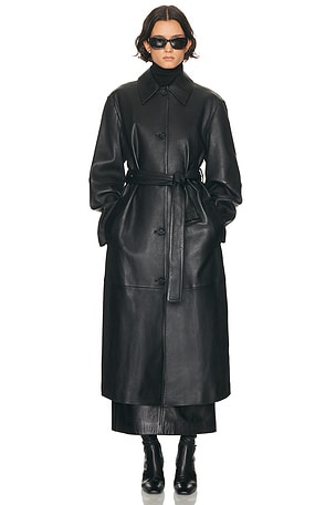 Toteme Belted Leather Coat in Black