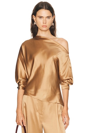 The Sei Off Shoulder Long Sleeve Top in Tan