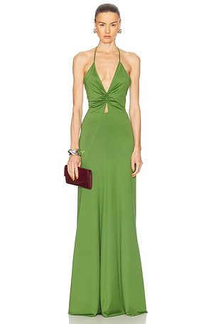 Victoria Beckham V-neck Ruched Gown in Green