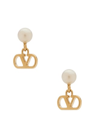 Valentino Garavani Vlogo Signature Pearl Earrings in Metallic Gold, Ivory