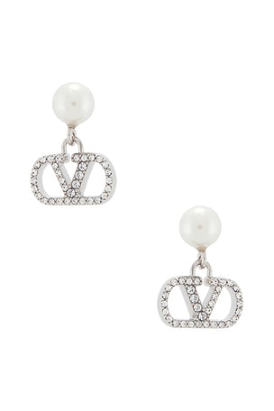 Valentino Garavani Vlogo Signature Pearl Earrings in Metallic Silver