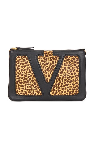 Valentino Garavani Viva Superstar Calf Hair Medium Flat Pouch in Brown