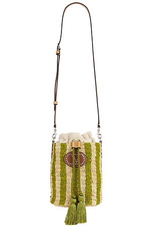 Valentino Garavani Crochet Raffia VLogo Signature Small Bucket Bag in Tan,Green