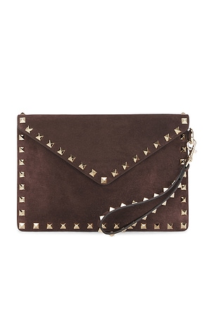 Valentino Garavani Rockstud Medium Flat Pouch in Brown