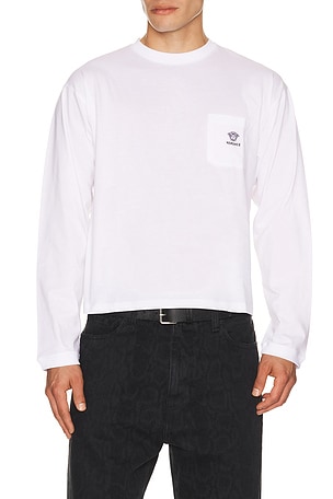 VERSACE Logo Embroidery Long Sleeve T-Shirt in White