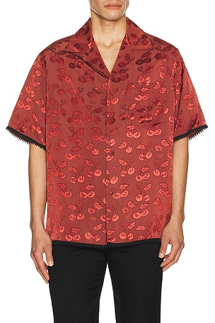Valentino Satin Cherry Button Up Shirt in Burgundy