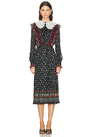 Valentino Embroidered Apres L'Hiver Midi Dress in Black