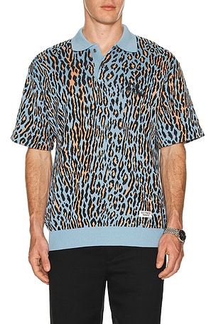WACKO MARIA Leopard Knit Polo Shirt in Blue