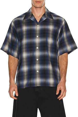 WACKO MARIA Ombre Check Open Collar Shirt in Blue