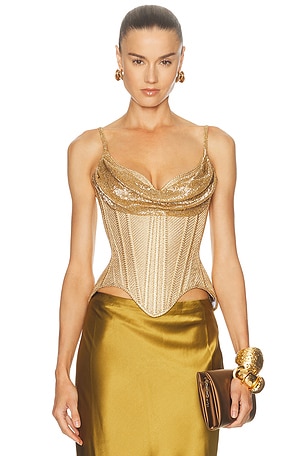 Wiederhoeft Salon Beaded Lame Corset Top in Metallic Gold
