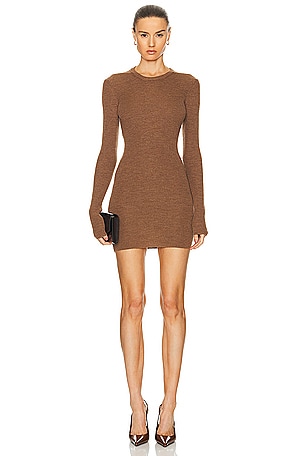 WARDROBE.NYC Ribbed Long Sleeve Dress Mini in Brown