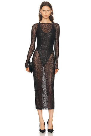 WARDROBE.NYC Lace Midi Dress in Black,Metallic Silver