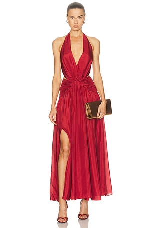 Zimmermann Indra Plunge Halter Maxi Dress in Red