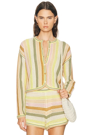 Zimmermann Indra Stripe Crochet Cardigan in Cream,Green