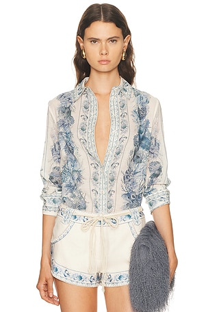 Zimmermann Wanderlust Body Button Down Top in Cream,Blue