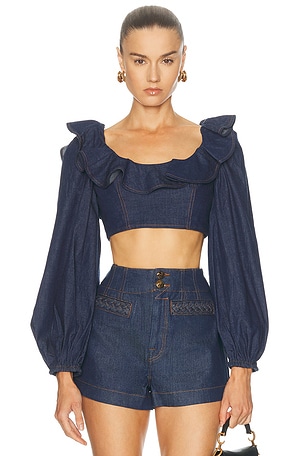 Zimmermann Aster Denim Frill Top in Blue